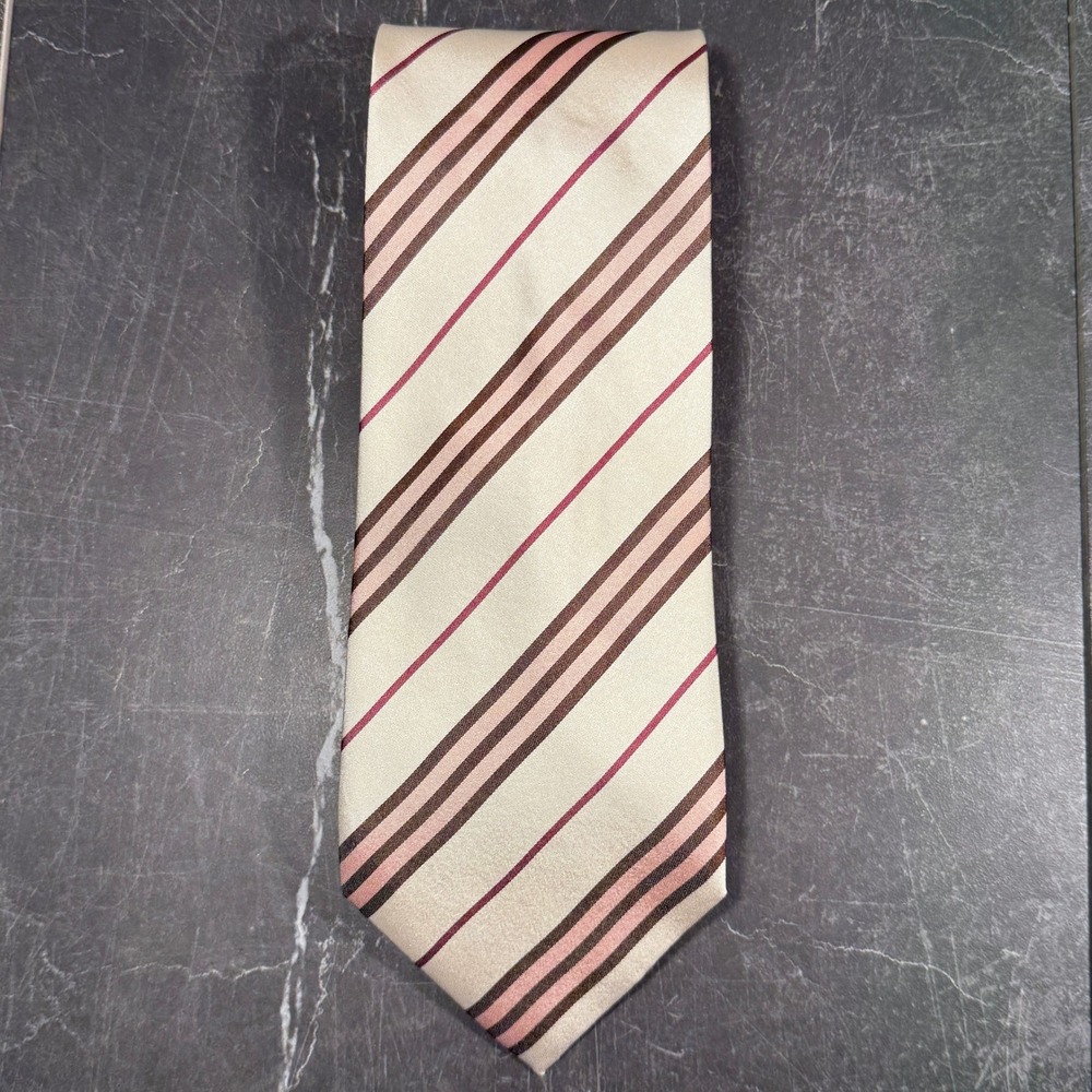 Vintage Burberry (90s) Mens Tie | Silk Repp Stripe Cream Pink Brown Luxury